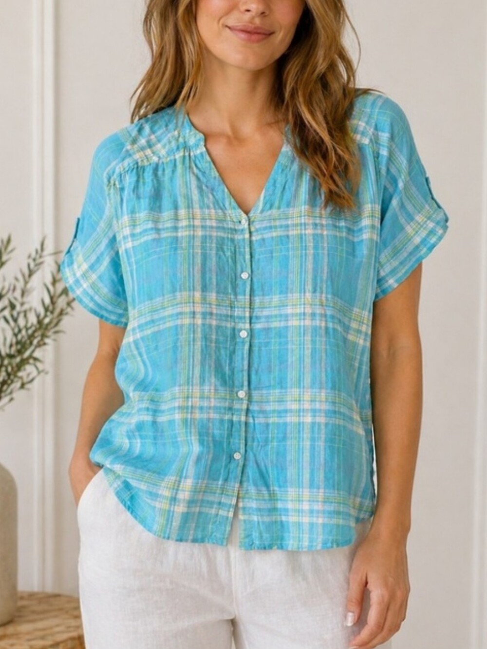 J. Jill Love Linen Plaid Tab Sleeve V-Neck Button-Down Shirt